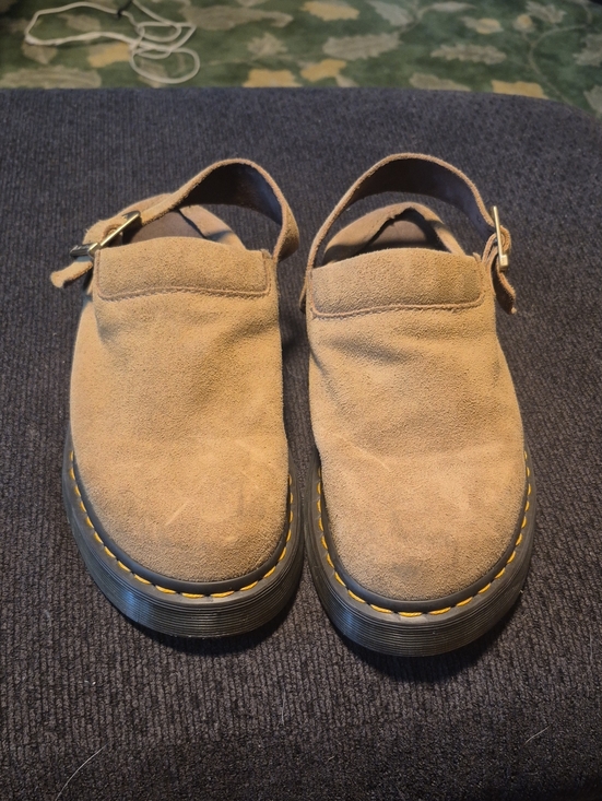 Dr. Martens Shoes - Dr. Martens Tan Suede Slingback Mules with Yellow Stitching